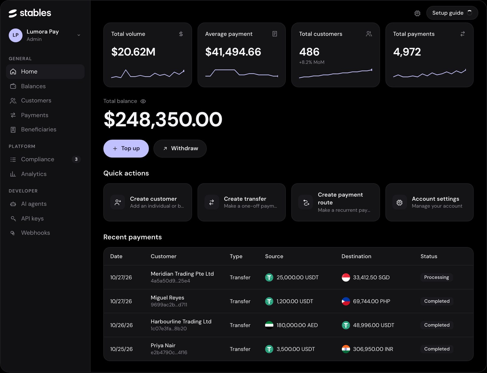 Stables dashboard home showing total volume, customers, payments and USDT balance