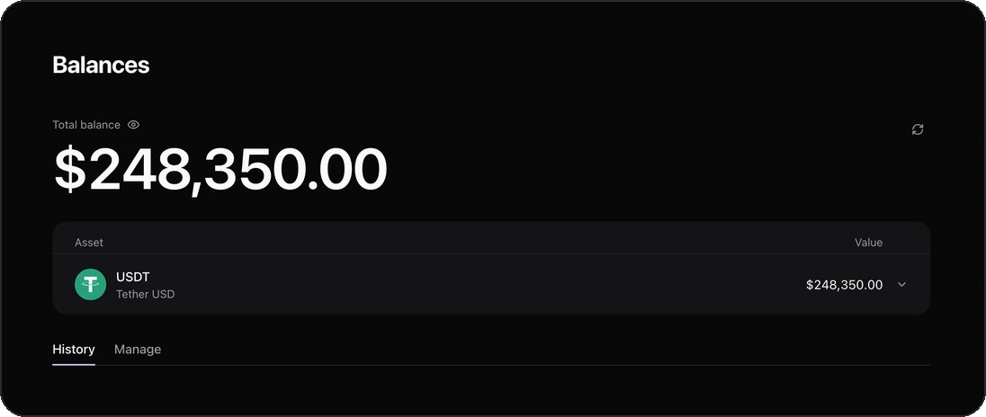 Stables dashboard USDT balance of $248,350