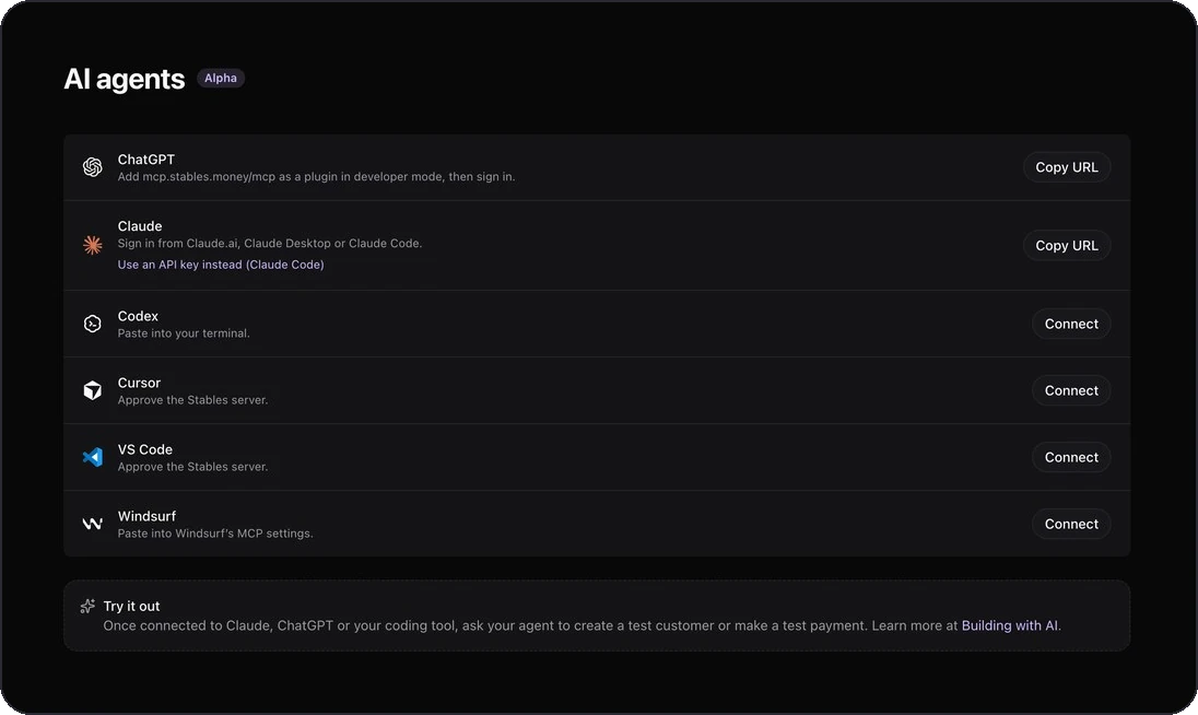 Stables dashboard AI agents page for connecting ChatGPT, Claude, Cursor and other tools