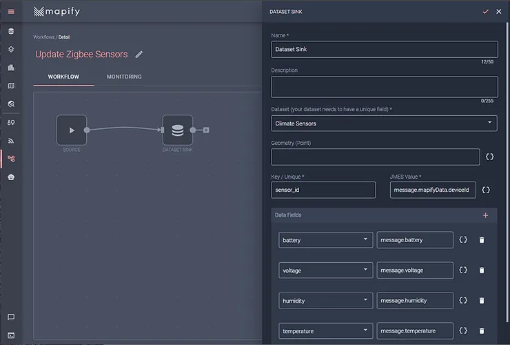 Creation of the Dataset Sink node in Mapify Workflows.