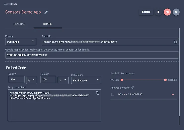 Sharing settings for your no-code application.