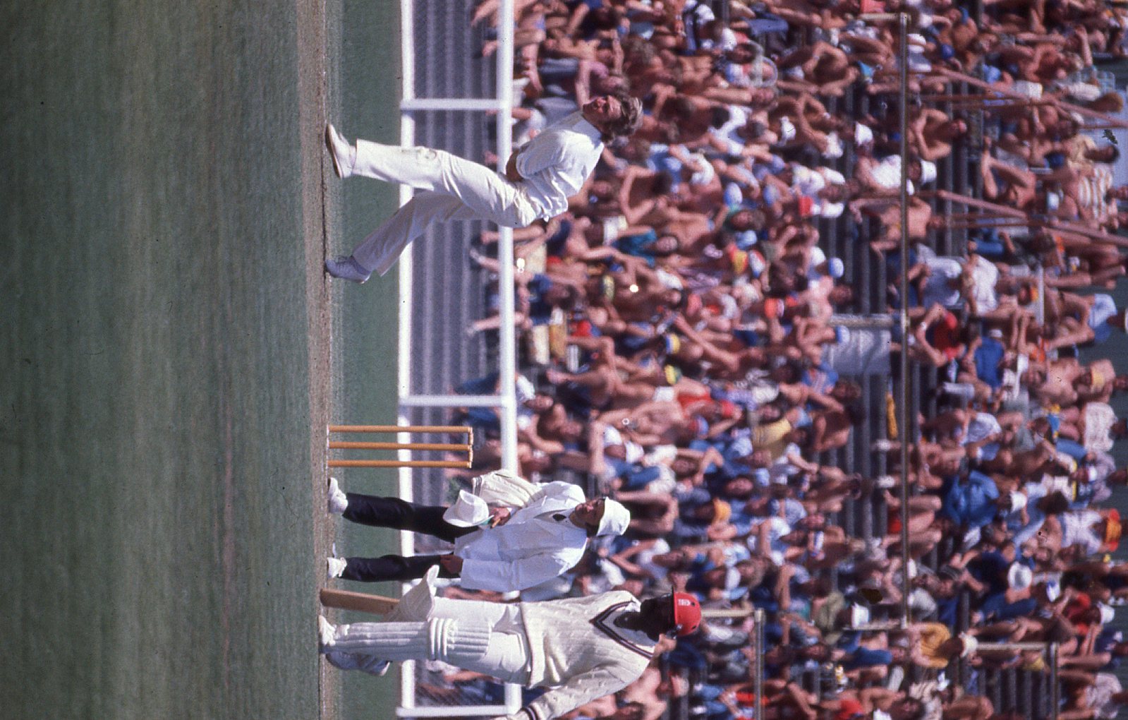 Geoff Howarth bowling for New Zealand against the West Indies at Lancaster Park, February 1980. Credit: NZCM - Don Neely Collection.
