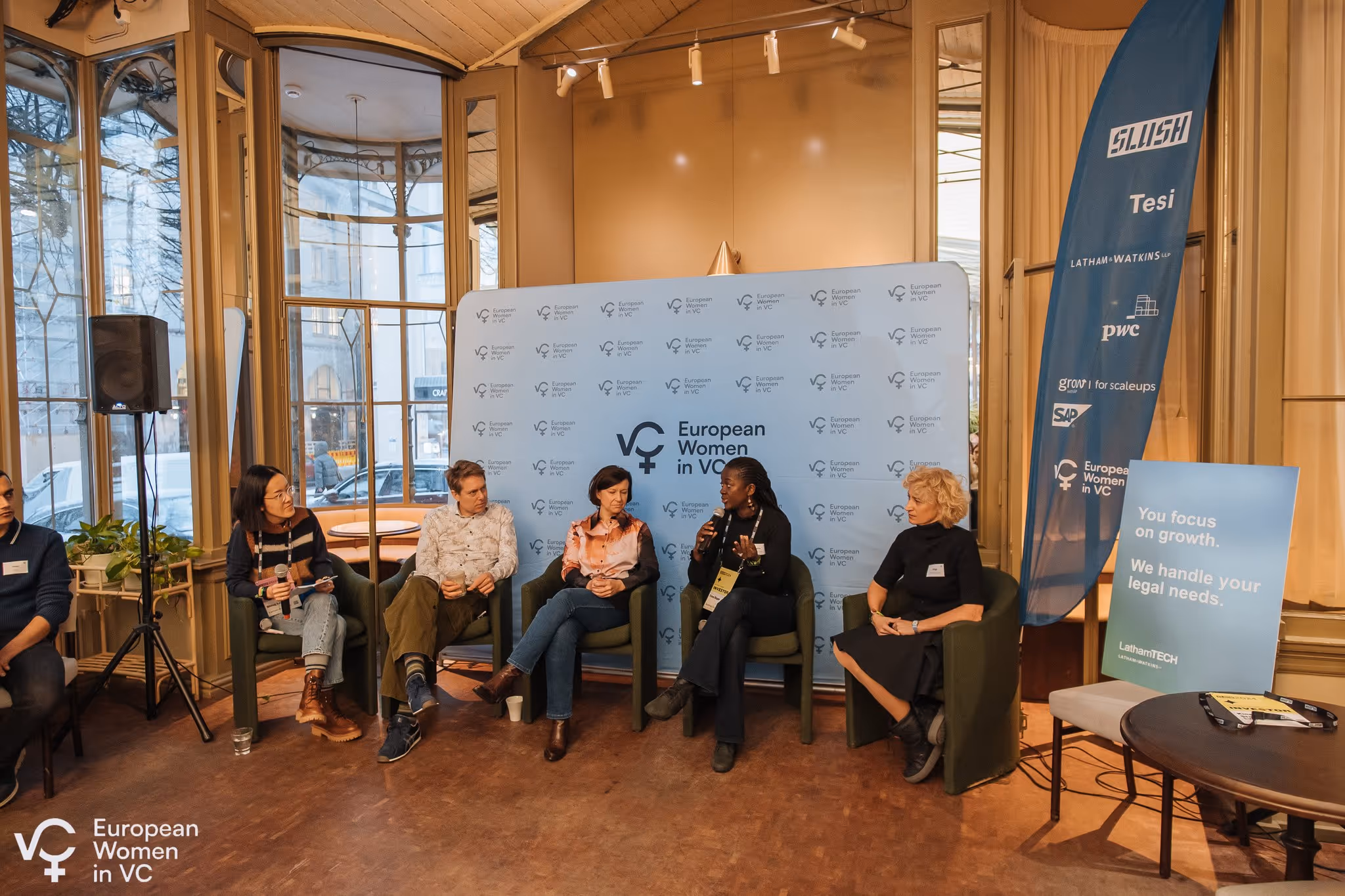 Shing Yuin Lo of Latham & Watkins, David Helgason of Transition VC, Kaisa Hietala of Greencode Ventures, Fatou Diagne of Bootstrap Europe, and Kinga Stanislawska of European Women in VC discussing catayzing returns and positive impact investment for a sustainable future during European Women in VC LP-GP Breakfast at SLUSH in Helsinki