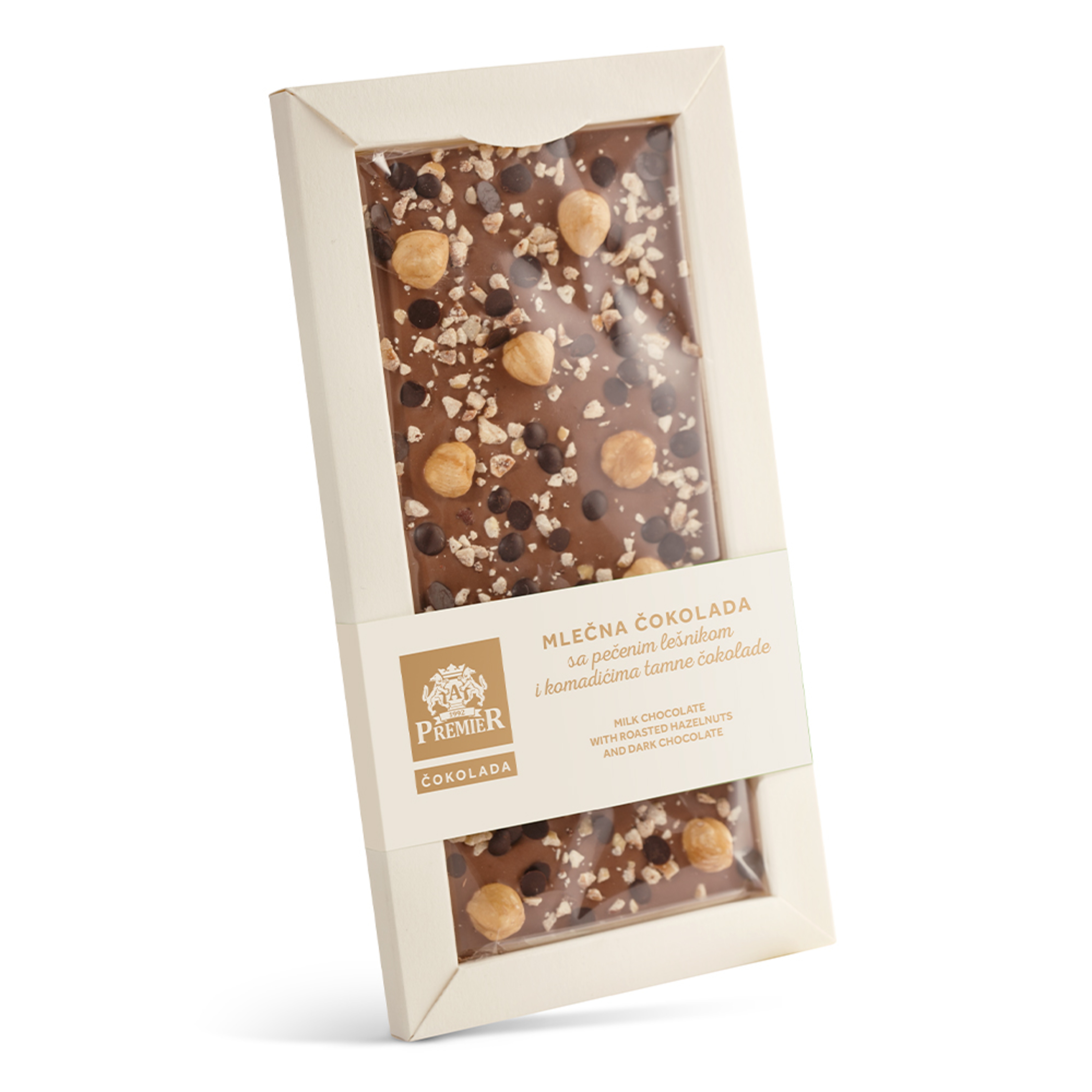 Premier mlečna čokolada sa pečenim lešnikom i komadićima tamne čokolade 110g