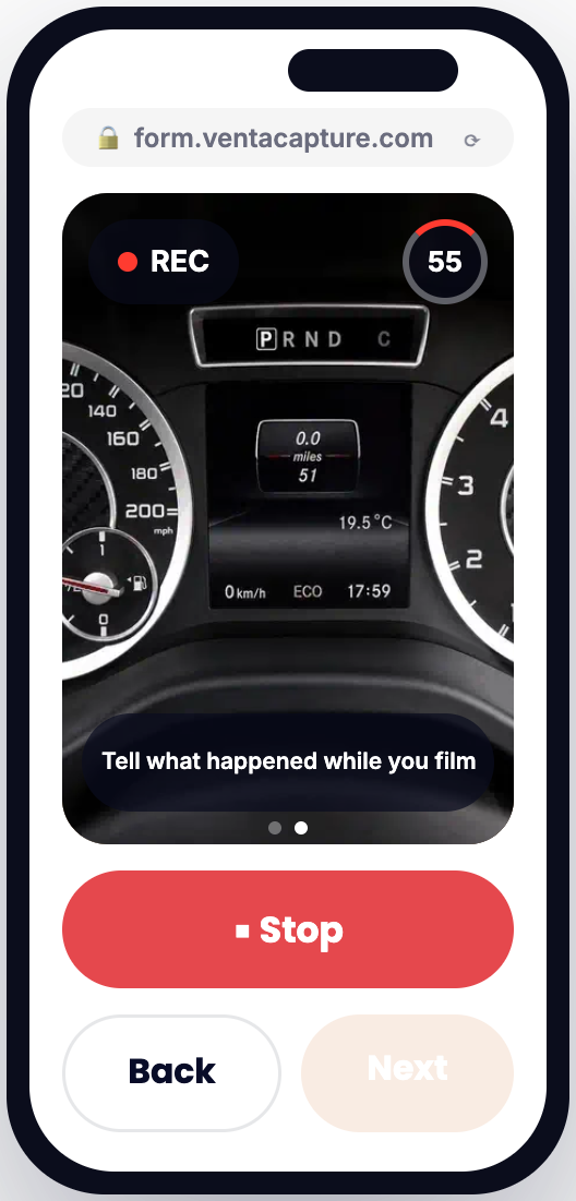 Guided capture on a phone: film the dashboard and tell what happened