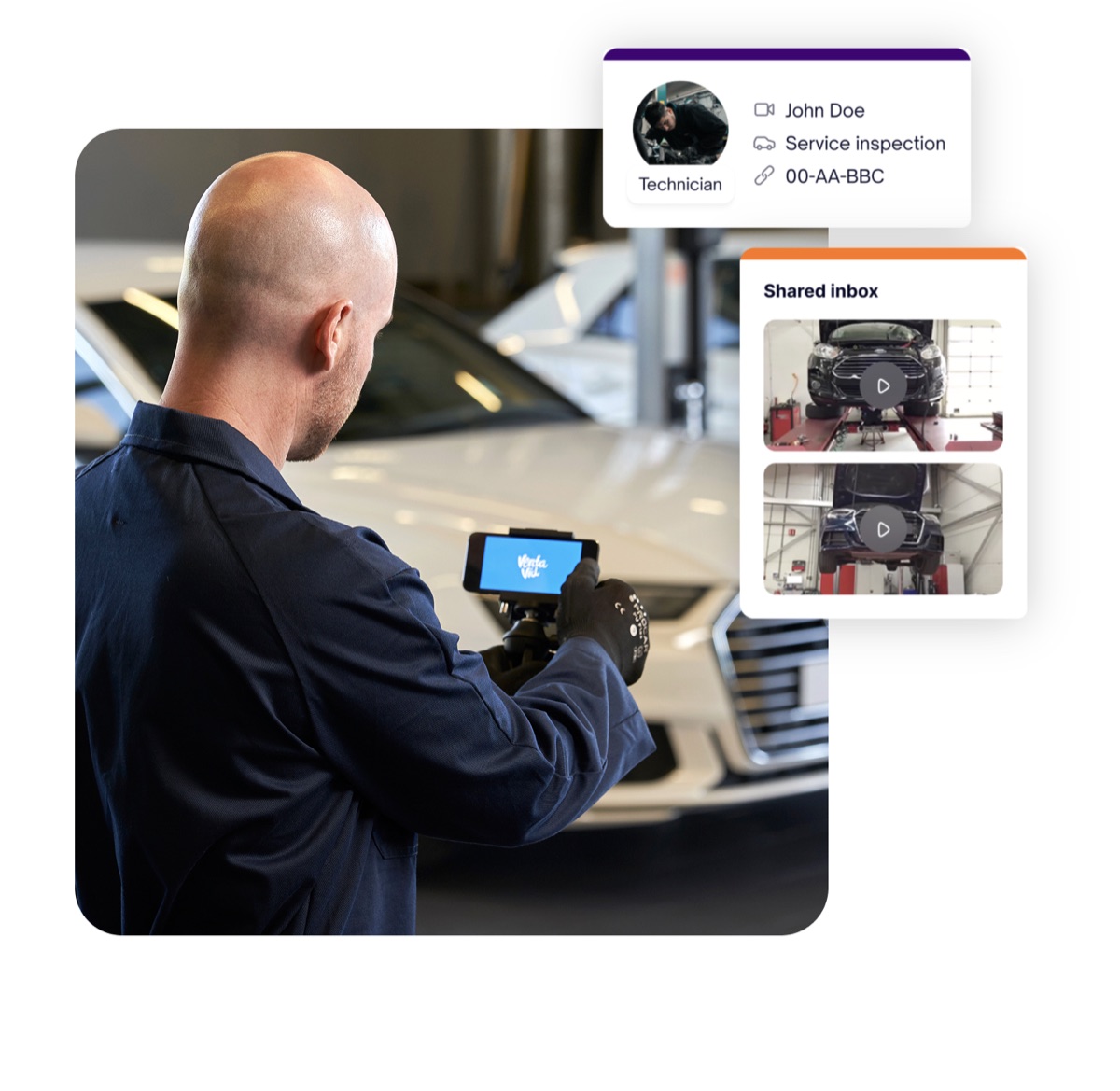Technician filming a vehicle health check, with the shared inbox alongside