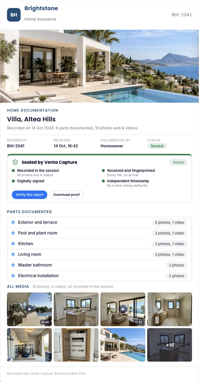 Sealed home documentation report for a villa in Altea Hills, recorded with Venta Capture
