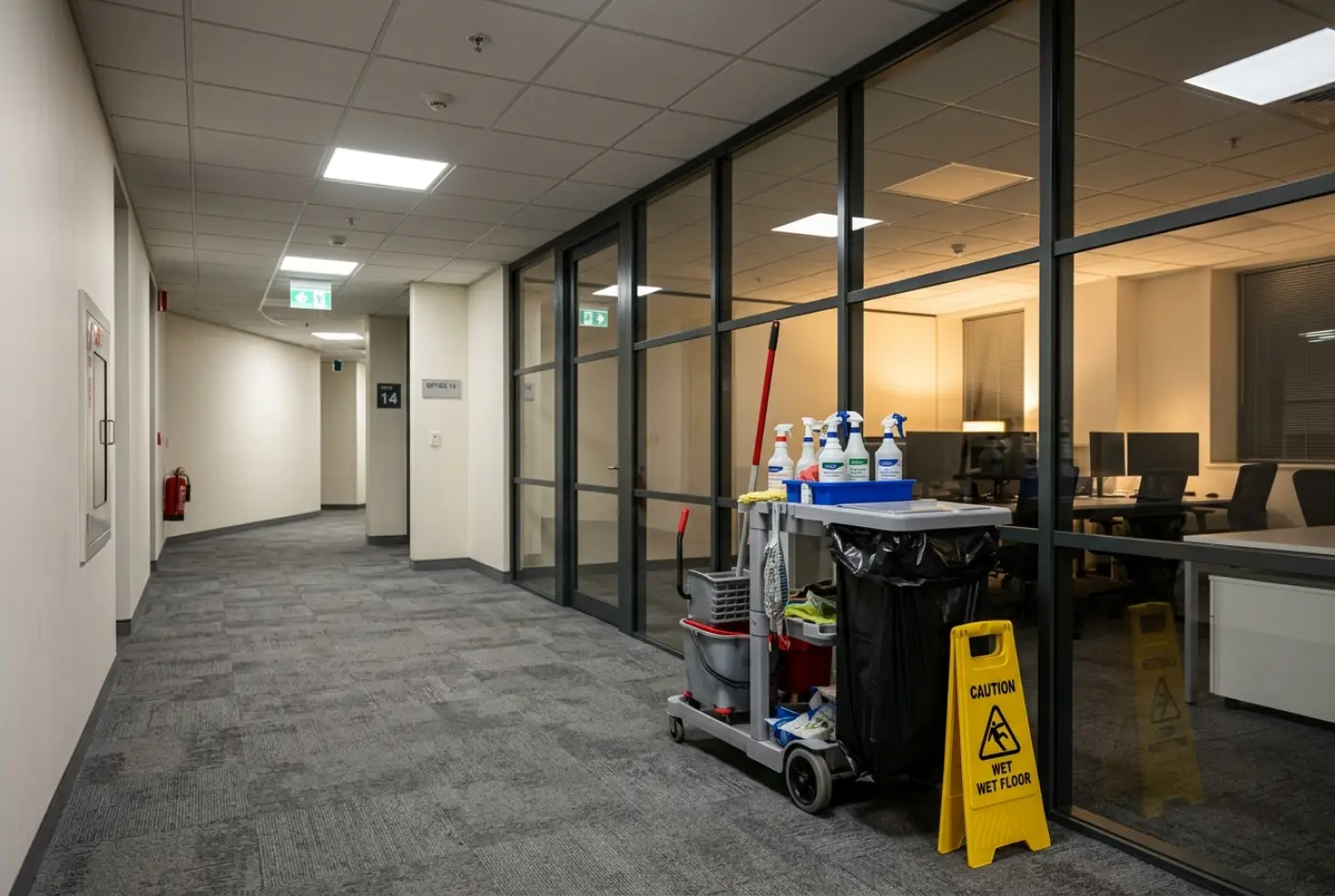 Cleaning trolley in an office corridor