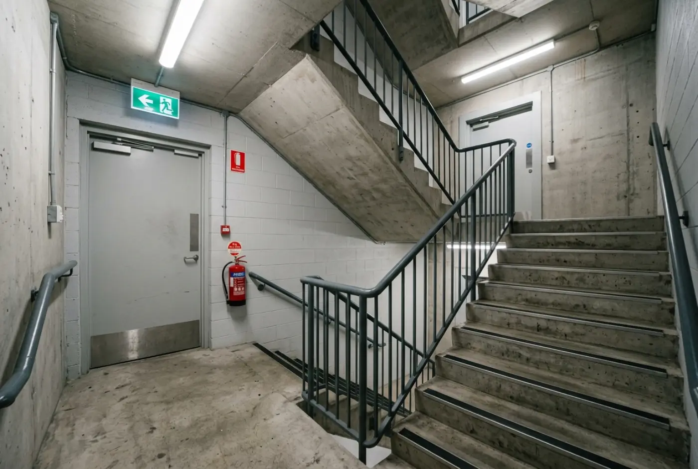Fire escape stairwell with exit signage