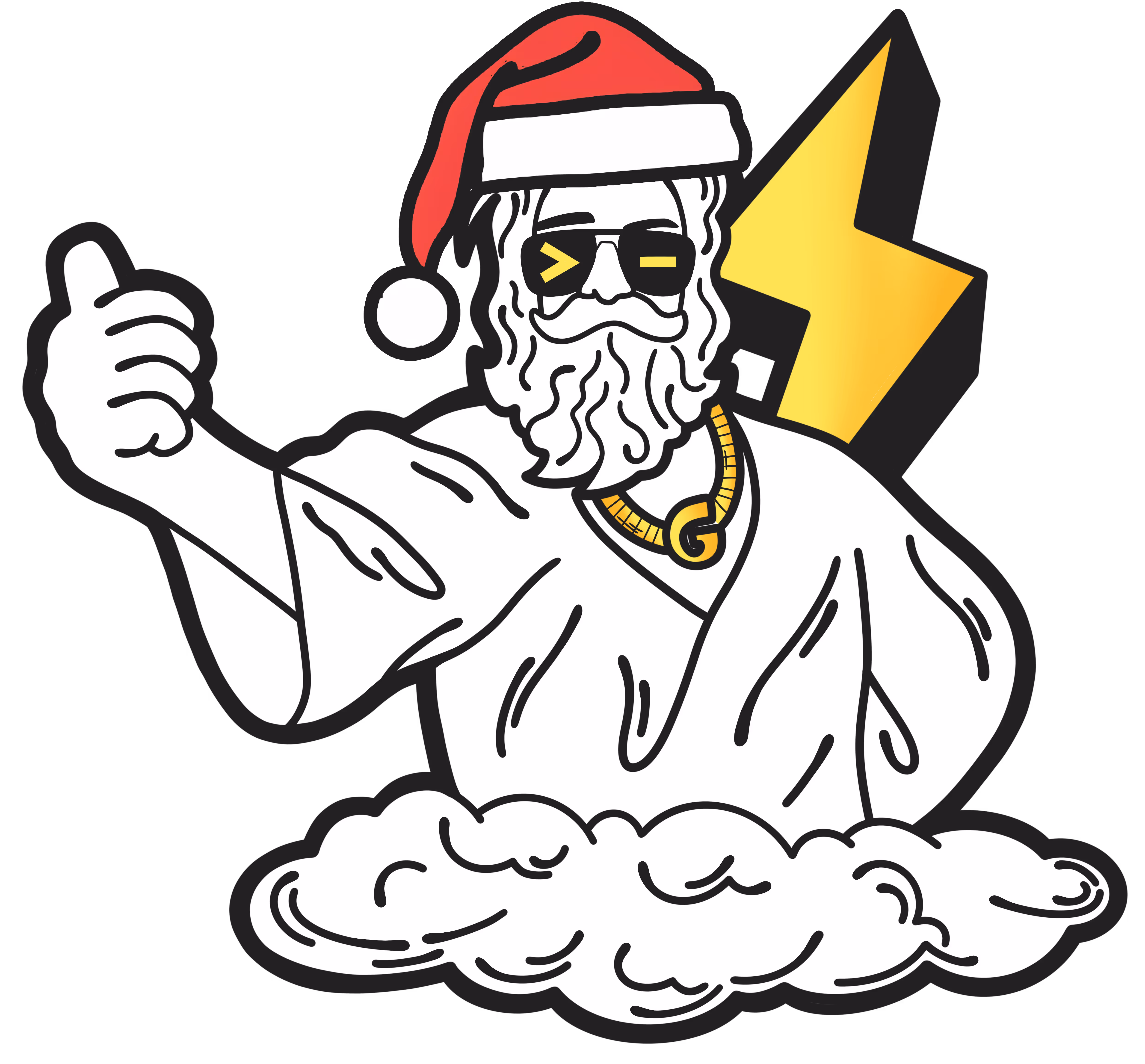 God of Prompt wearing sunglasses sits with a macbook pro on his lap, he wears golden gloves and represents God of Prompt mascot