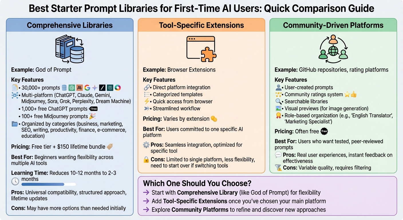 Comparison of 3 Types of AI Prompt Libraries for Beginners