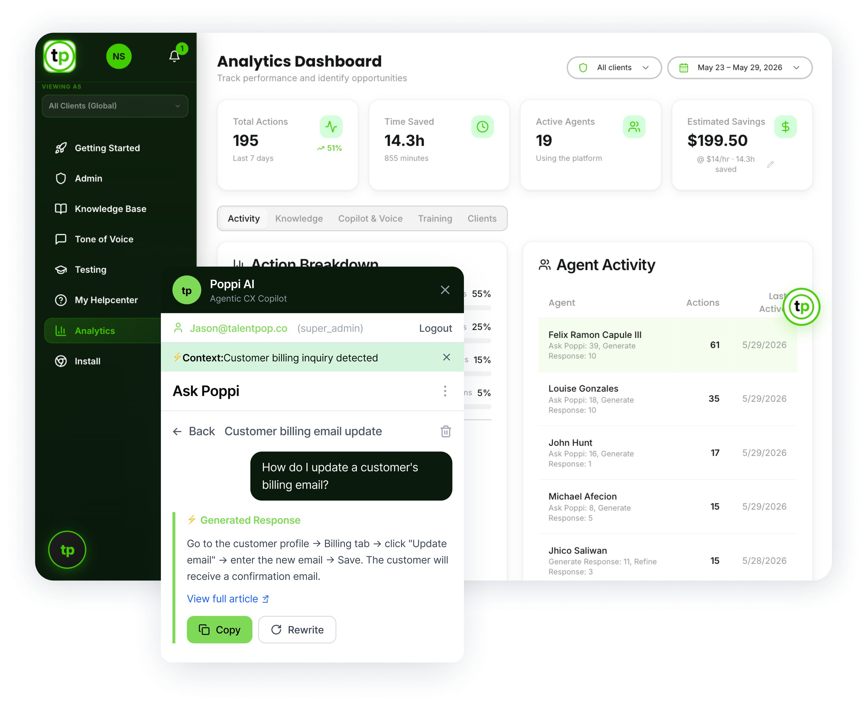 Poppi AI Agent Copilot dashboard