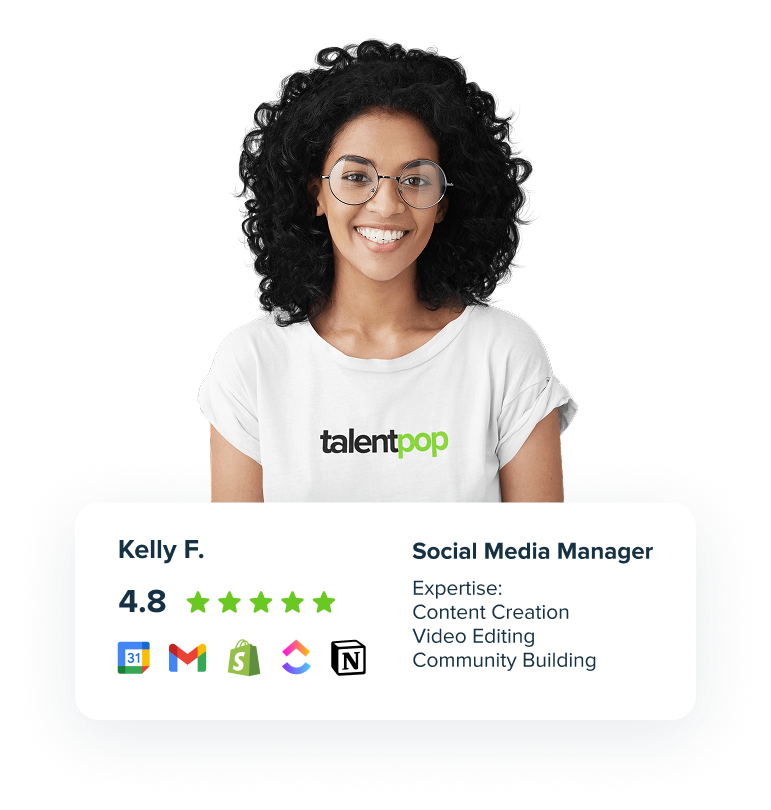 TalentPop Social Media Manager — Kelly F., rated 4.8, expert in content, video editing and analytics