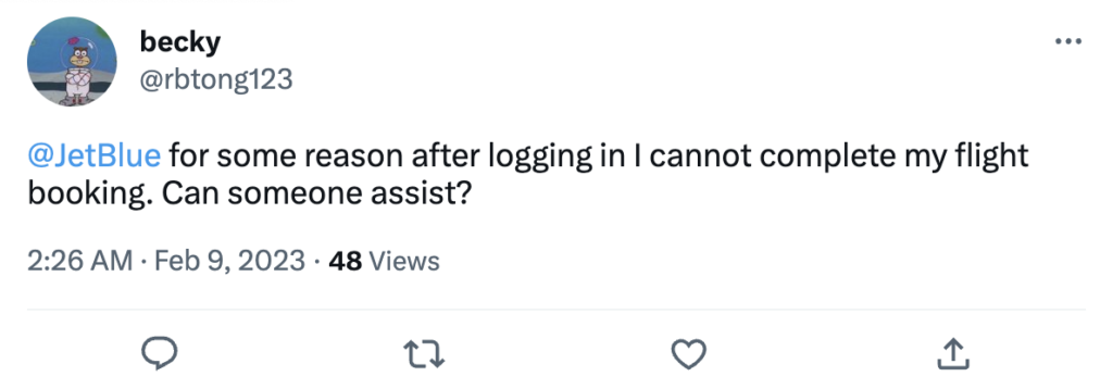JetBlue customer asking publicly on X for help completing a flight booking
