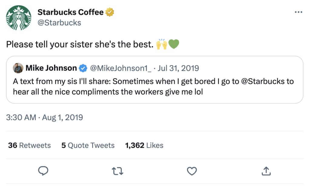 Starbucks replying publicly to a customer's positive post on X