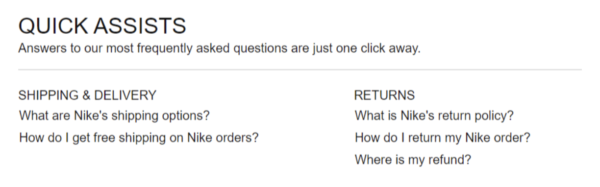 Nike quick assists FAQ section grouping questions under Shipping and Delivery and Returns