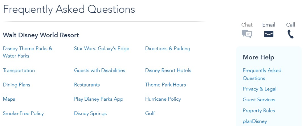 Walt Disney World FAQ page with topic links and chat, email, and call support options