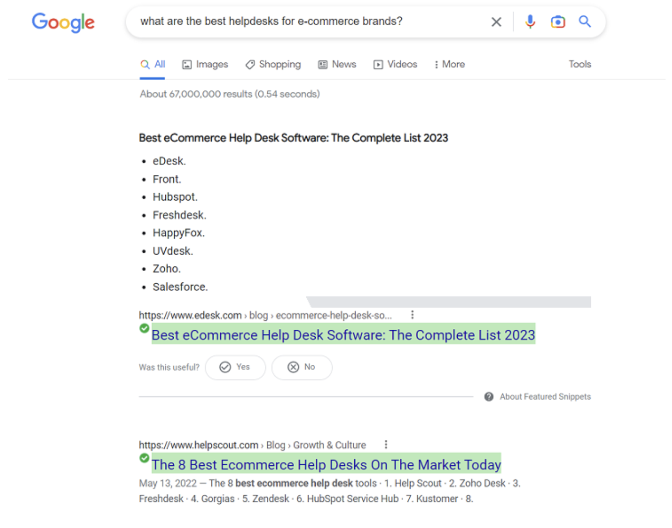 Google featured snippet example showing a bulleted list answer above the top organic result