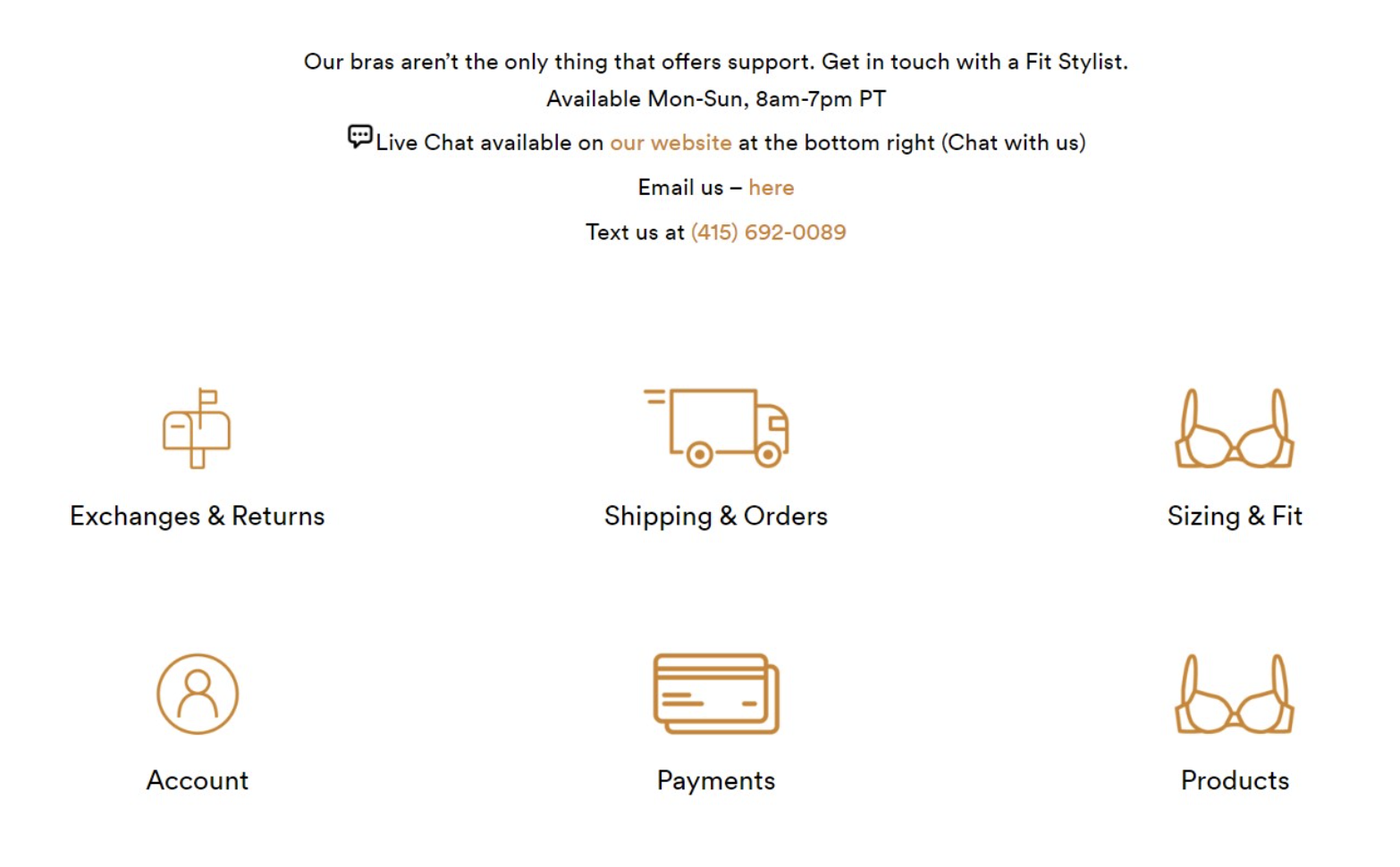 ThirdLove FAQ page with icon-based categories for returns, shipping, sizing, account, payments, and products
