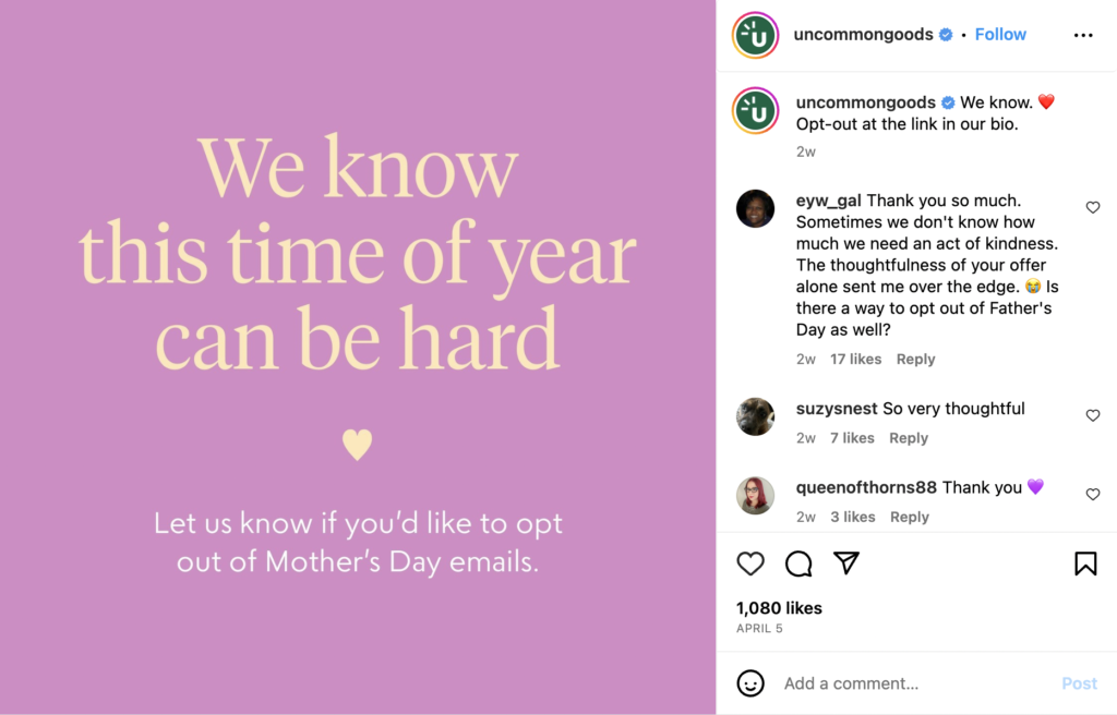 Uncommon Goods Instagram post offering customers an opt-out from Mother's Day emails, with comments thanking the brand