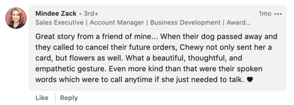 LinkedIn comment describing how Chewy sent a card and flowers to a customer after her dog passed away