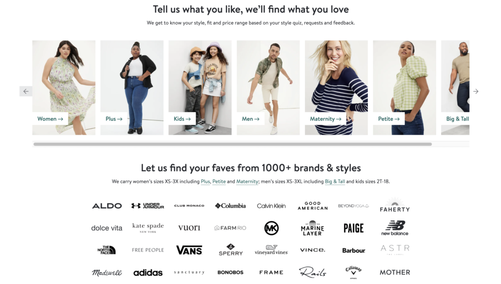 Stitch Fix website section showing styles for women, plus sizes, kids, men, maternity, and petite, with logos from 1000+ brands