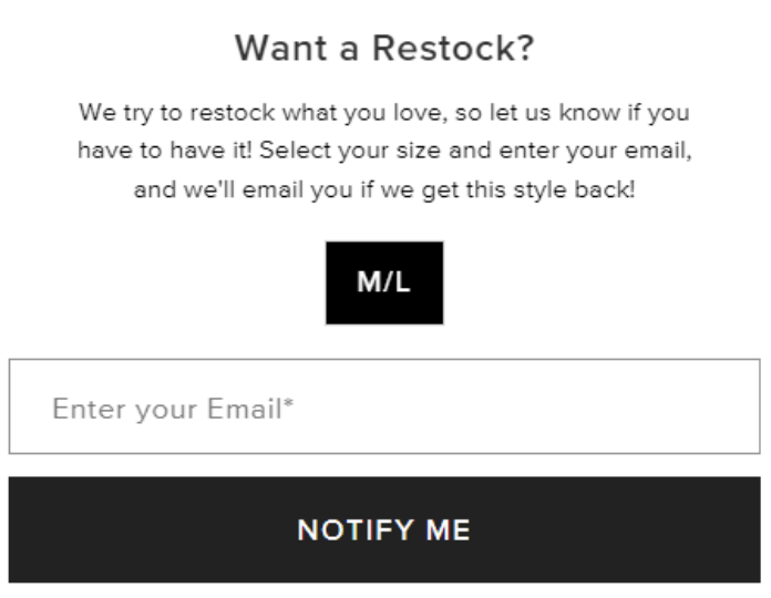 Back-in-stock signup form with a size selector, email field, and Notify Me button