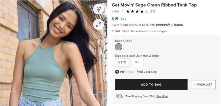 Product page showing a sold-out size with a Join the Waitlist link next to the size selector