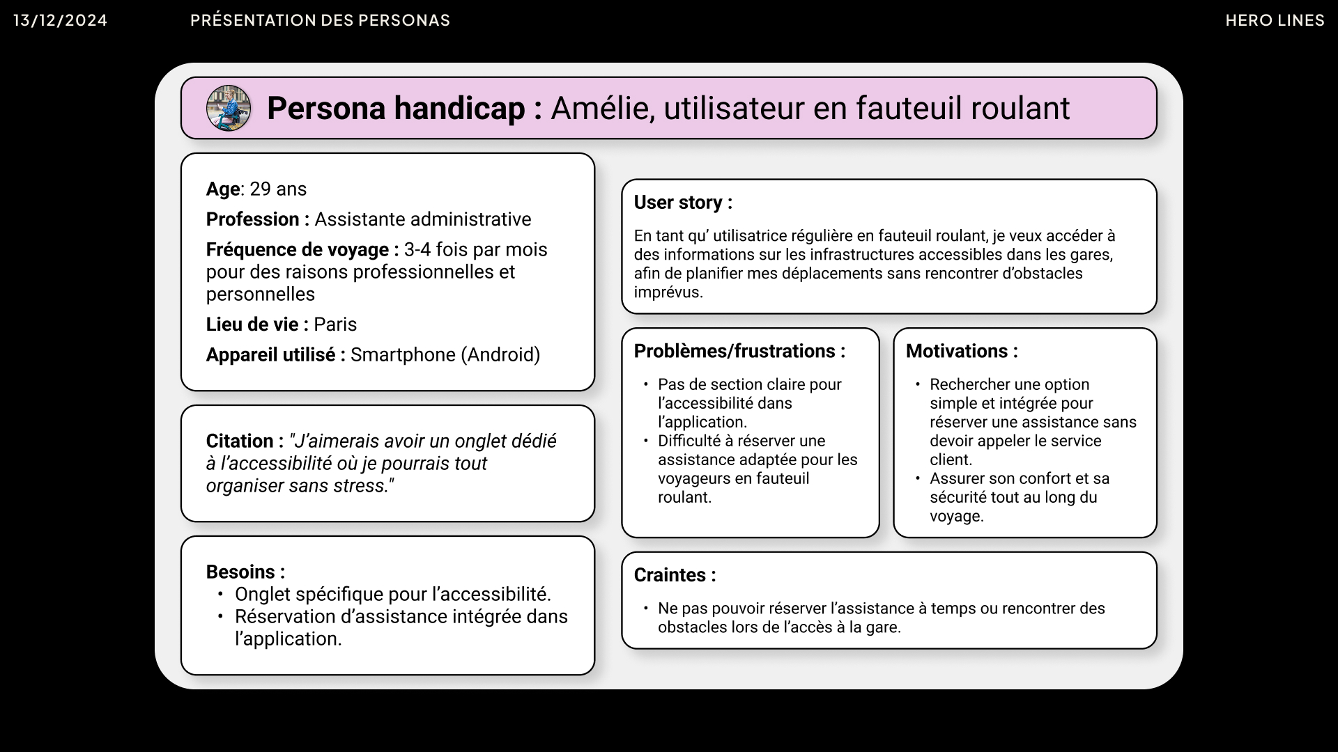 Fiche persona : Amélie, utilisatrice en fauteuil roulant