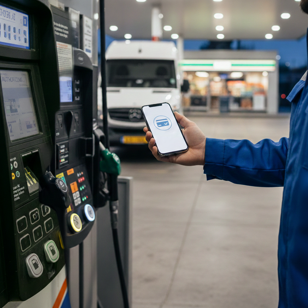 A man using his phone to tap to pay at the gas station