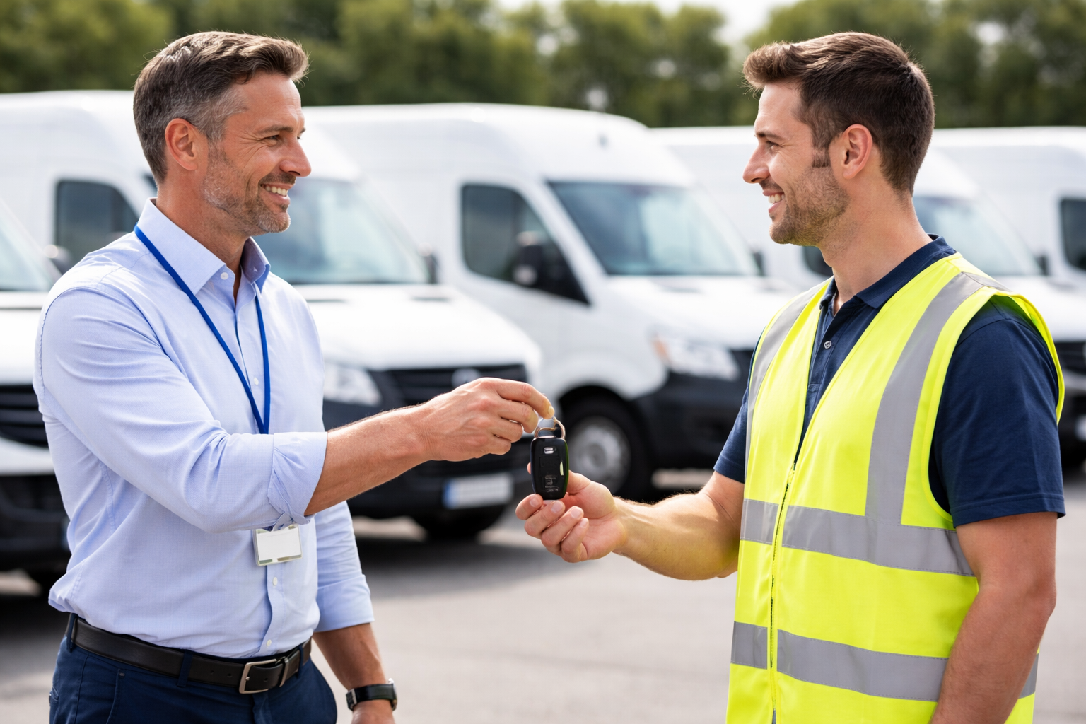 A fleet manager handing over vehicle keys to an employee