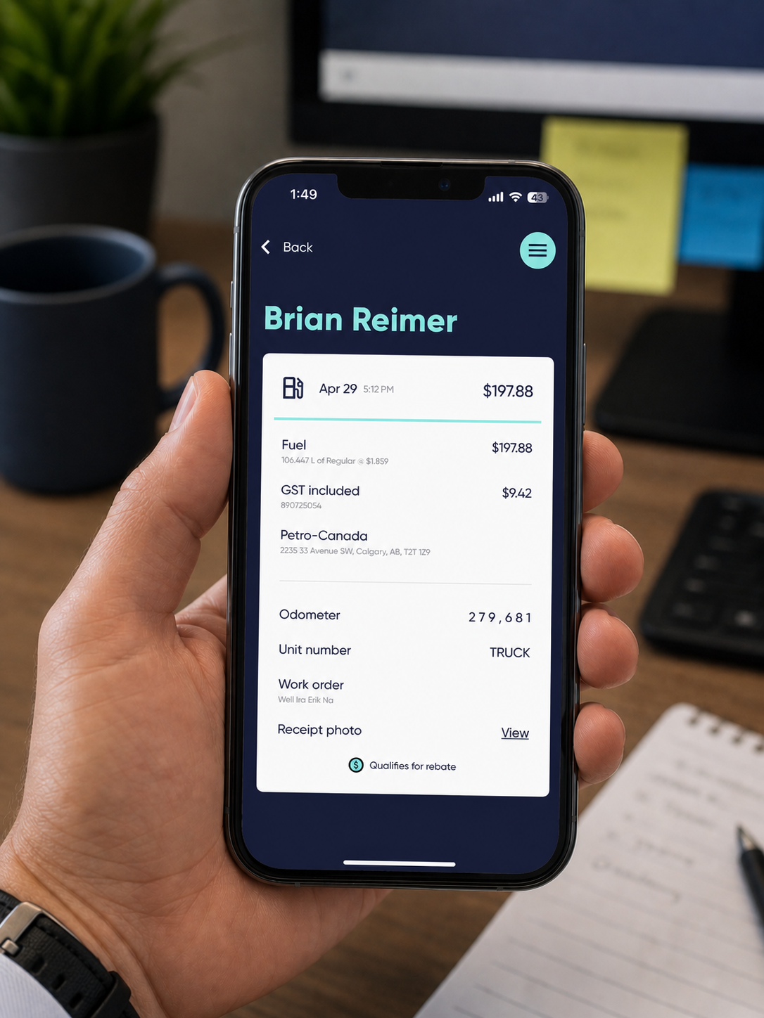 A fleet manager viewing a recent transaction via a digital receipt in the Fillip Fleet app