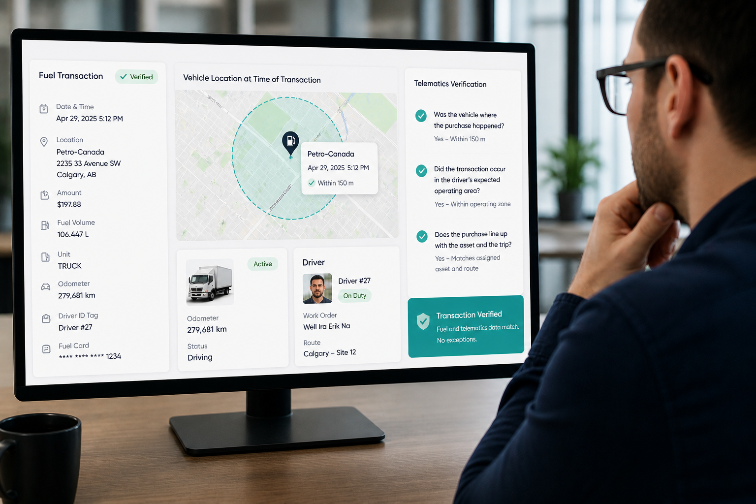 A fleet manager monitoring his telematics system and referencing the fuel transaction with the location of the vehicle