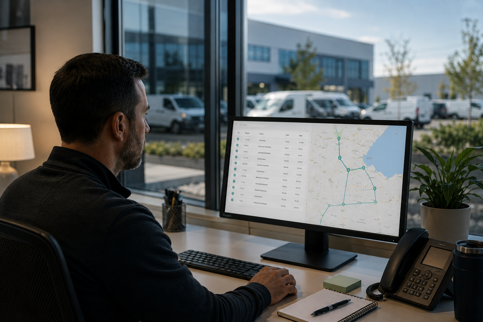 Un gestionnaire de flotte surveillant sa plateforme télématique et les transactions effectuées avec les cartes carburant