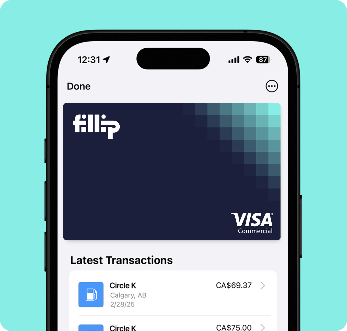 Fillip's Digital fuel card in mobile wallet with transaction history