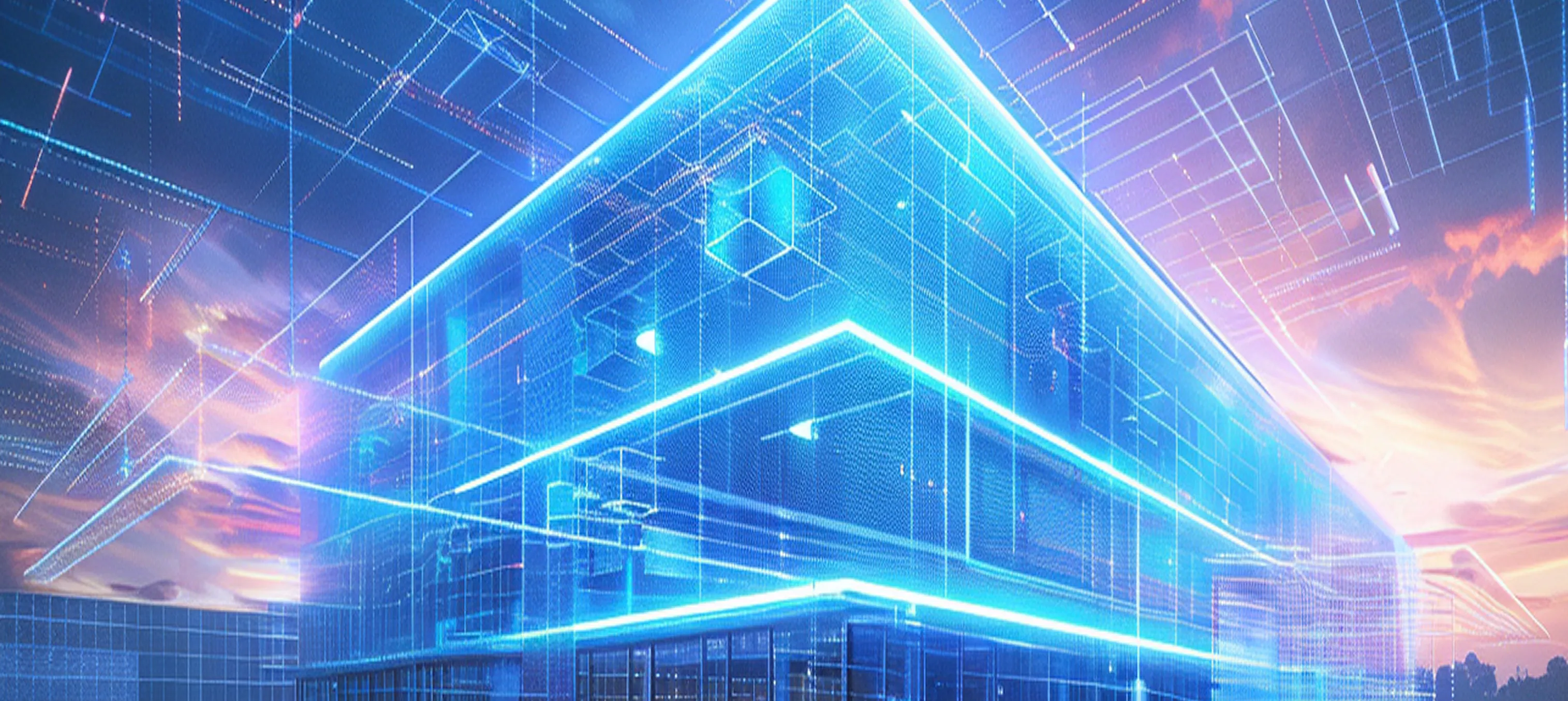 Futuristic building with lots of lights