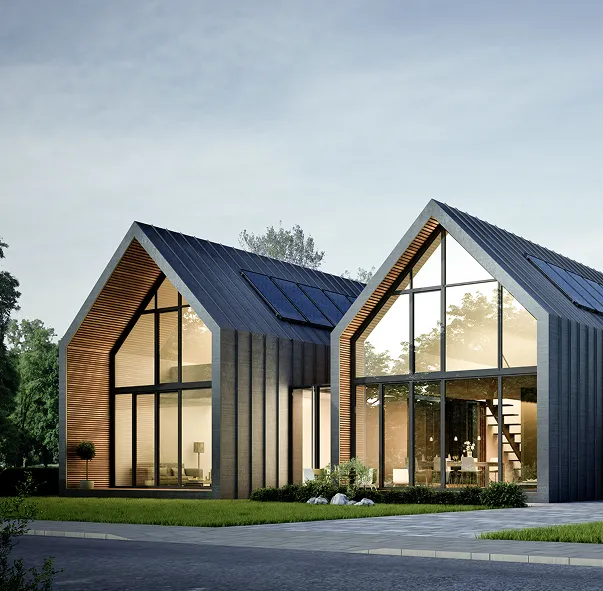 Modernes Einfamilienhaus mit großer Fensterfront und integrierter Photovoltaikanlage auf dem Dach – nachhaltige Architektur für energieeffizientes Wohnen.
