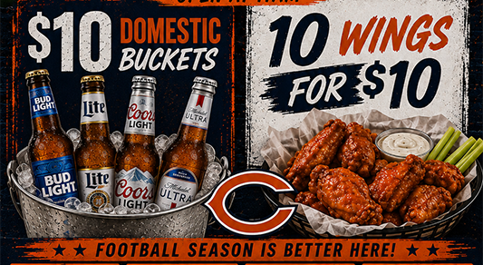 $10 domestic beer buckets with four bottles and 10 wings with dipping sauce and celery sticks.