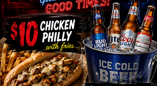 $10 chicken Philly sandwich with fries and ice-cold beer bottles in a blue bucket.