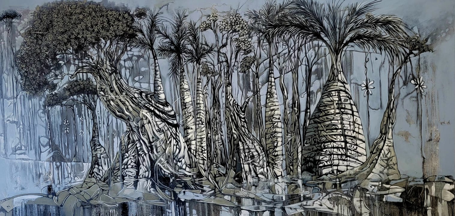 The Swamp, 2022. \nCharcoal and pastel on Canvas. 30 x 78 inches