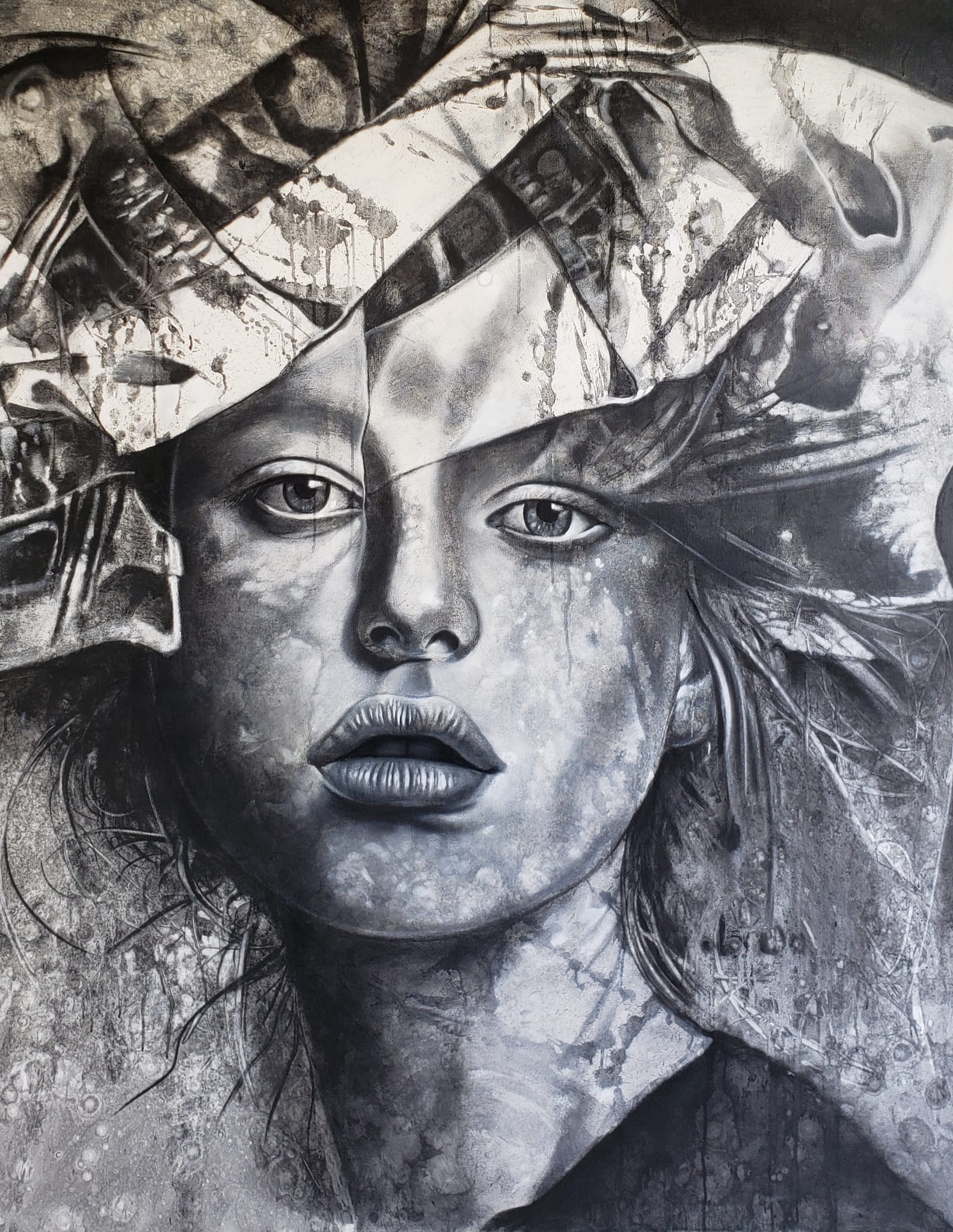 Overthinking, 2019. \nCharcoal and pastel on Canvas. 60 x 48 inches