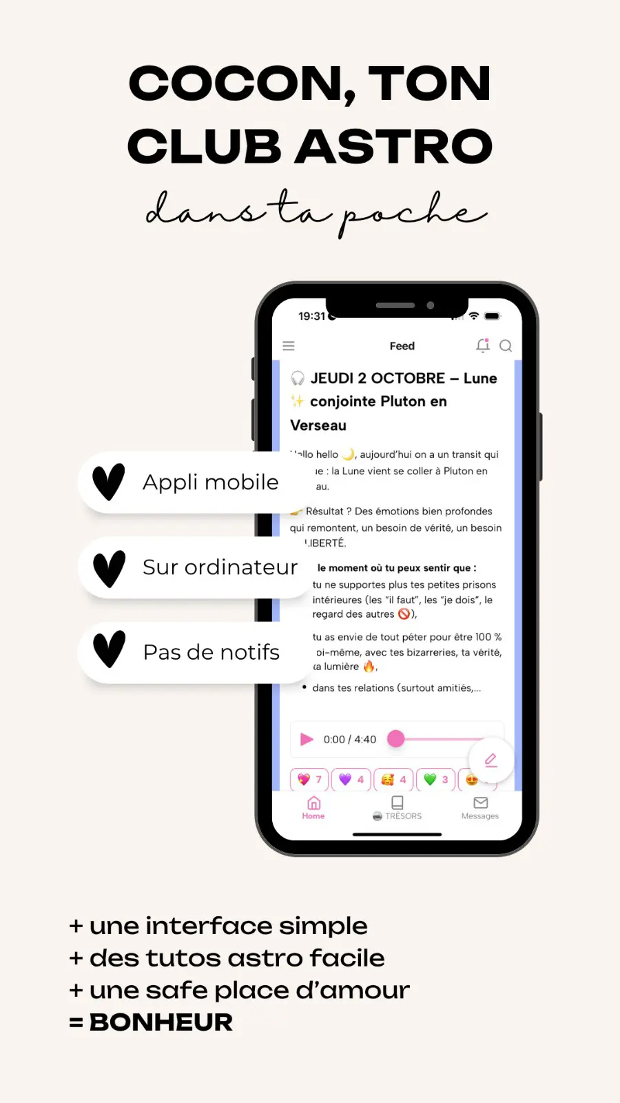 Un aperçu de l'application Hearbeat regroupant le Club Cocon de Nidaba