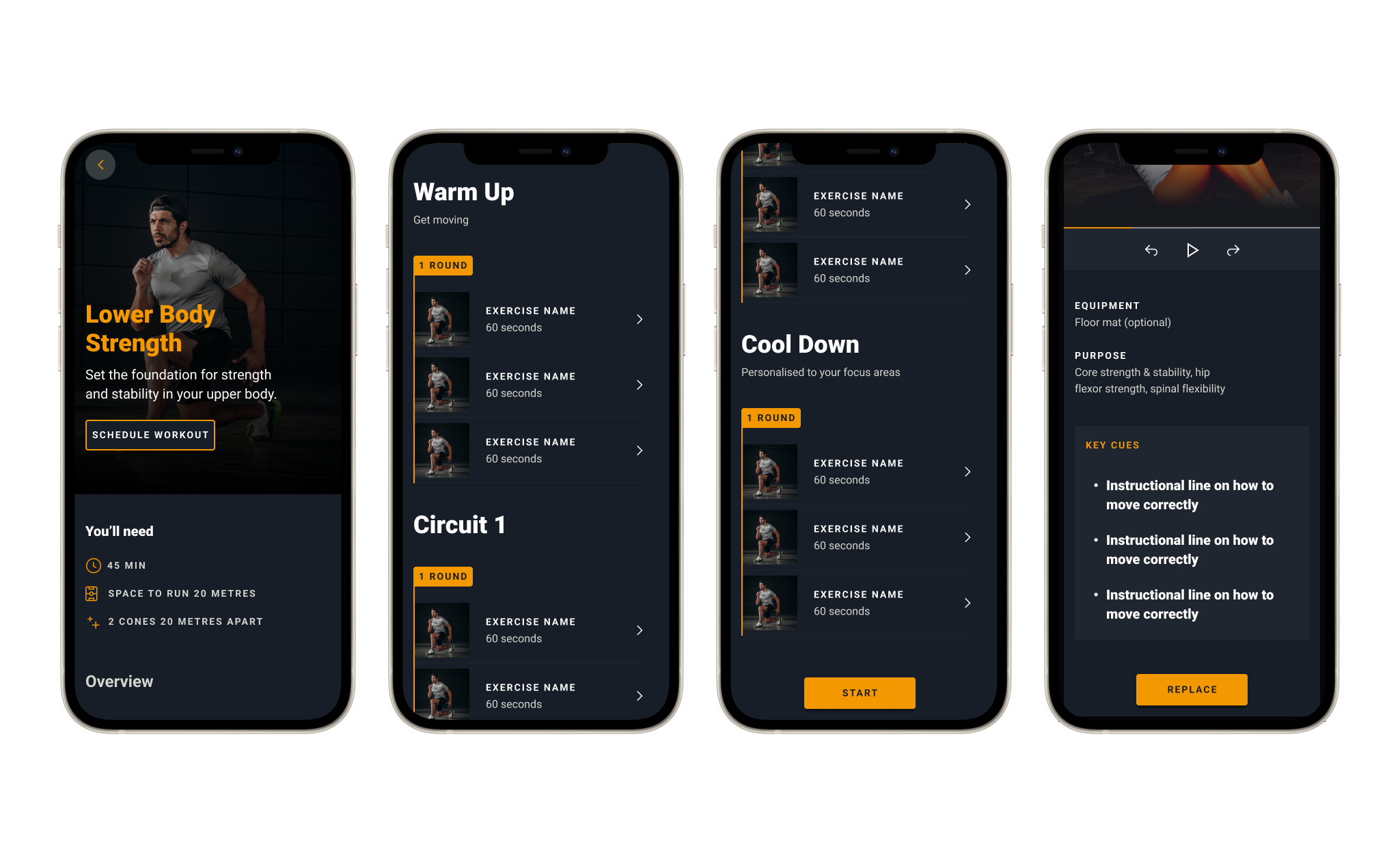 iPhone screens with fitness app displayed. The app is showing different rounds of exercises for a workout.