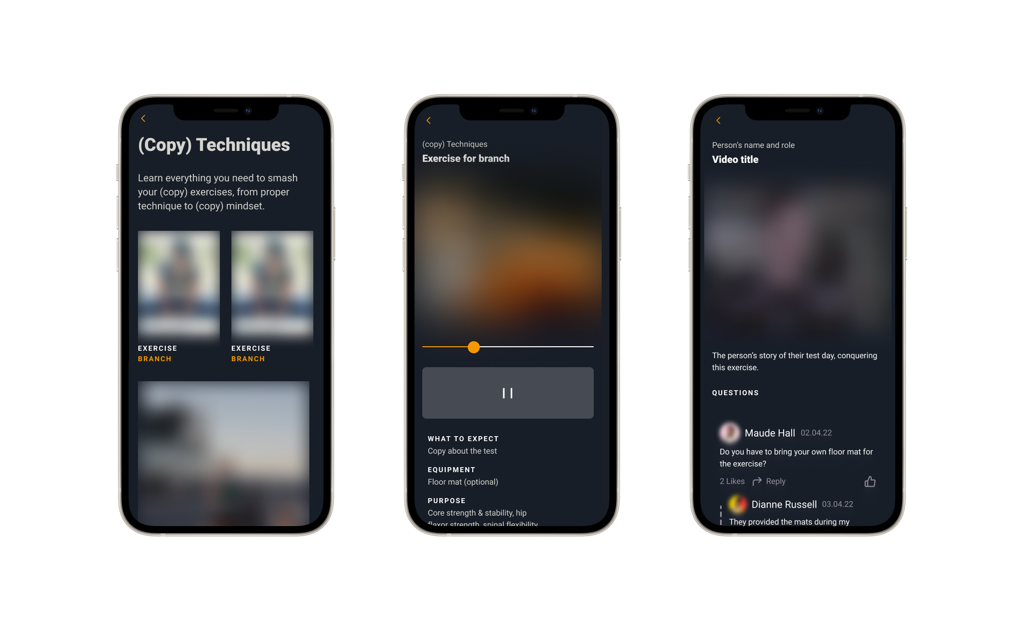 iPhone screens showing fitness app. The fitness app shows a section with exercise techniques and information, and a forum for users to ask questions about each exercise.