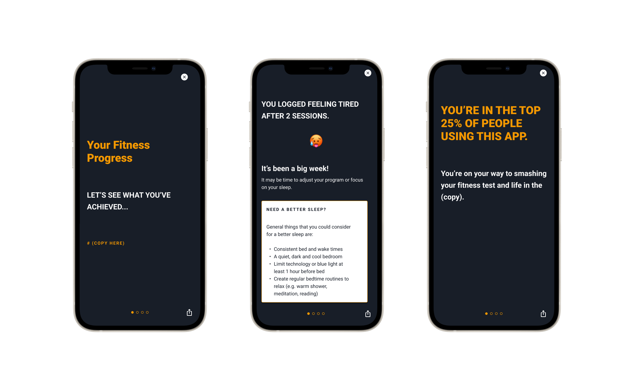 iPhone screens showing the fitness app. The app is showing a story about the users progress, how they reported feeling after workouts, and how they compare to other app users.