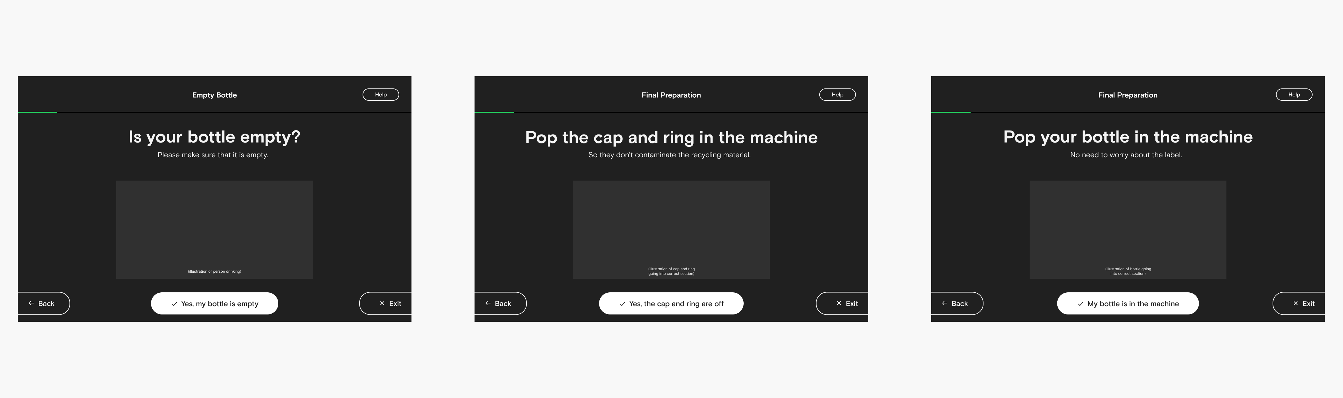 Interface screens showing the process and instructions of popping a bottle into the machine.