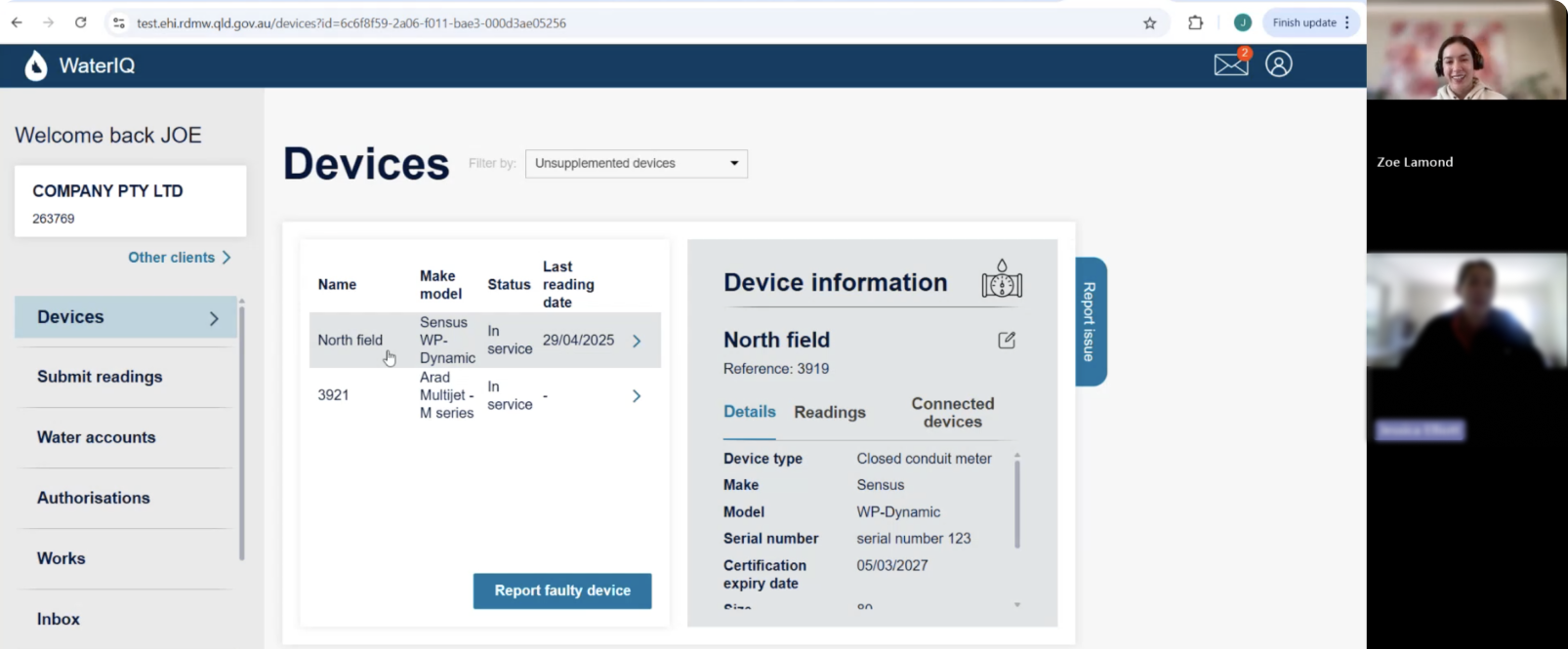 Screenshot of a remote usability testing session on the current WaterIQ platform. The screen shows the portal interface on the left with a ‘Report issue’ button, and video call participants on the right. Zoe Lamond is facilitating the interview, with the participant below providing feedback on their experience using the portal.