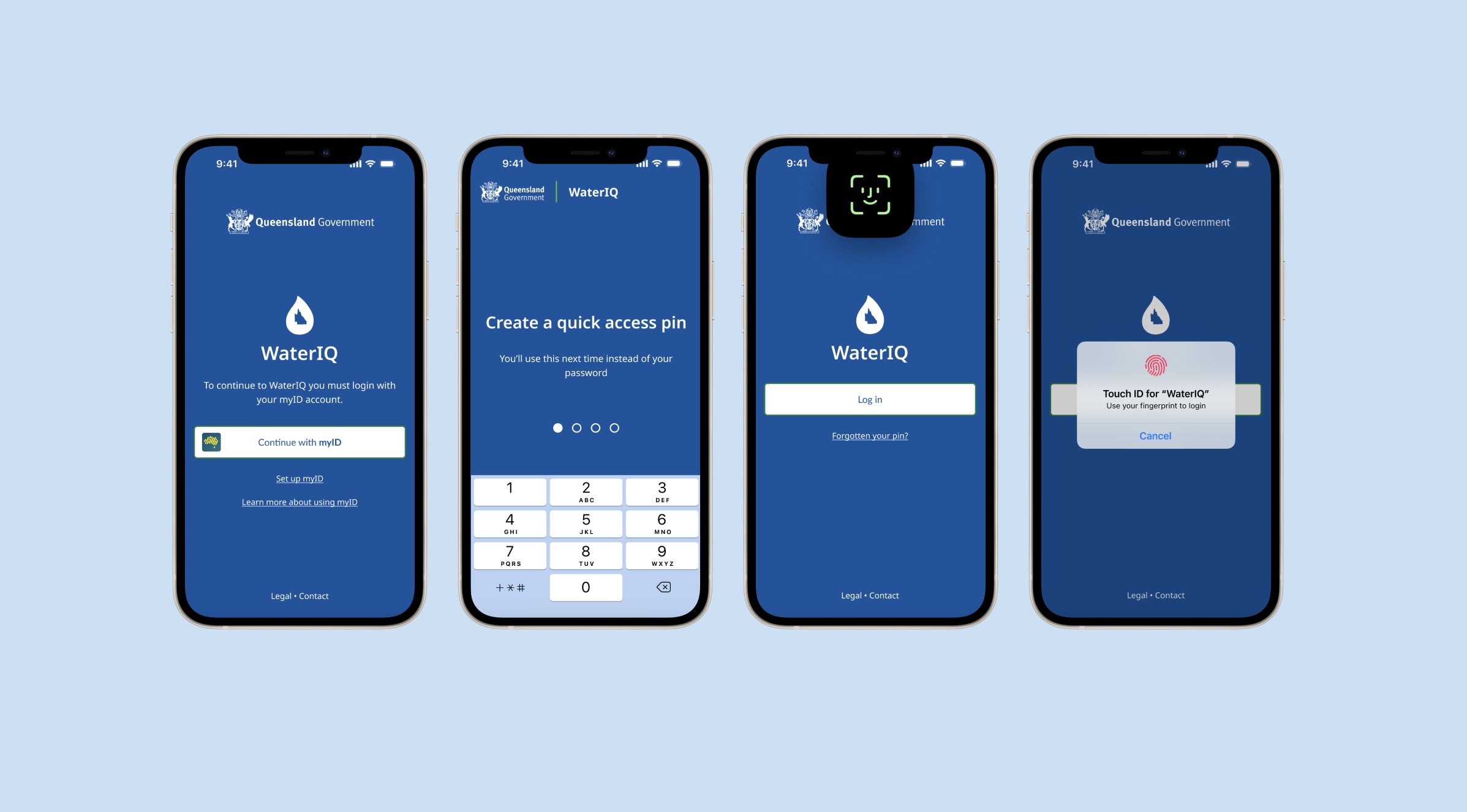 Four mobile screens showing the WaterIQ app login process: myID login, creating a quick access PIN, Face ID login, and Touch ID fingerprint login.