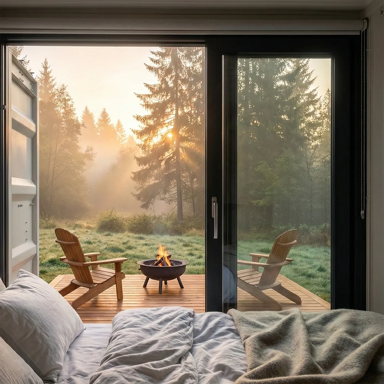 Container Tinyhouse, Blick aus dem Schlafbereich in das Ferienresort