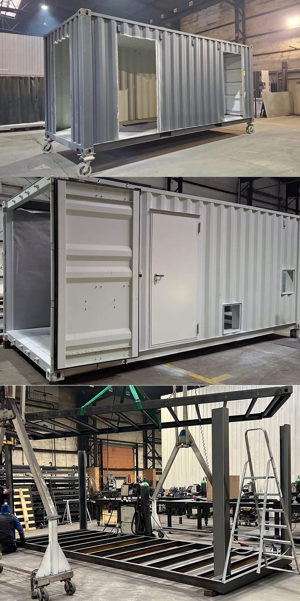 Drei Bilder zeigen Container in Fabrik: leerer grauer, weißer mit Türen und Stahlrahmen im Bau.